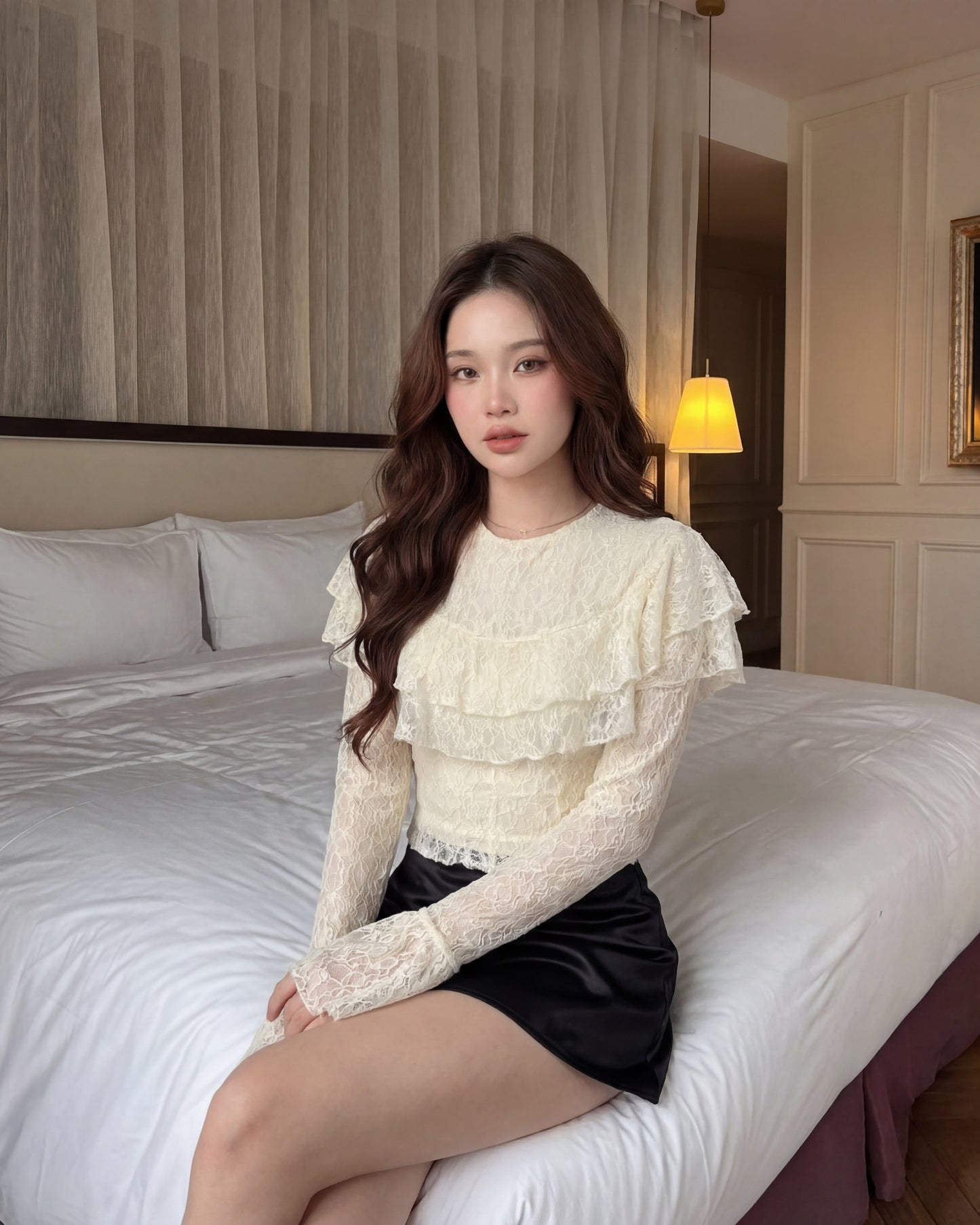 一位留著長捲髮的女子坐在燈光柔和的房間裡那張整理得整整齊齊的床上，身穿 the.lookbook.select 的「春季繆斯」蕾絲上衣與黑色裙子，散發出一股優雅而浪漫的氛圍。.