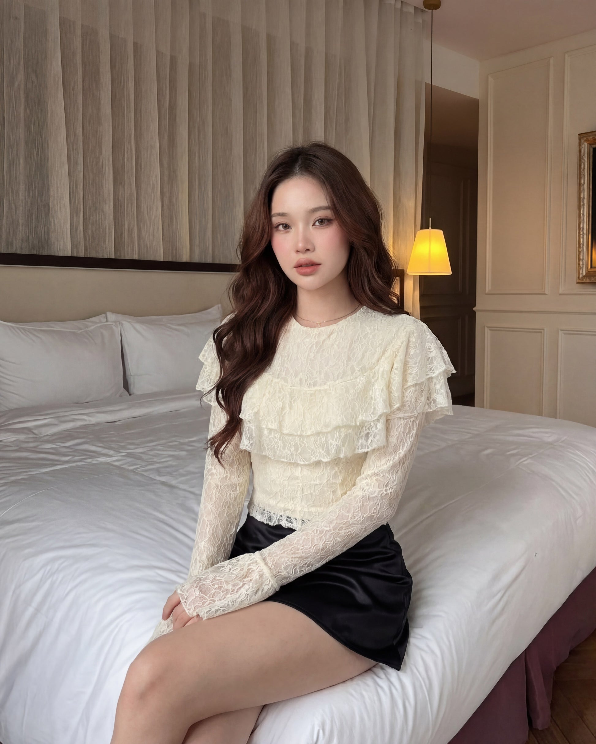 一位留著長捲髮的女子坐在燈光柔和的房間裡那張整理得整整齊齊的床上，身穿 the.lookbook.select 的「春季繆斯」蕾絲上衣與黑色裙子，散發出一股優雅而浪漫的氛圍。.
