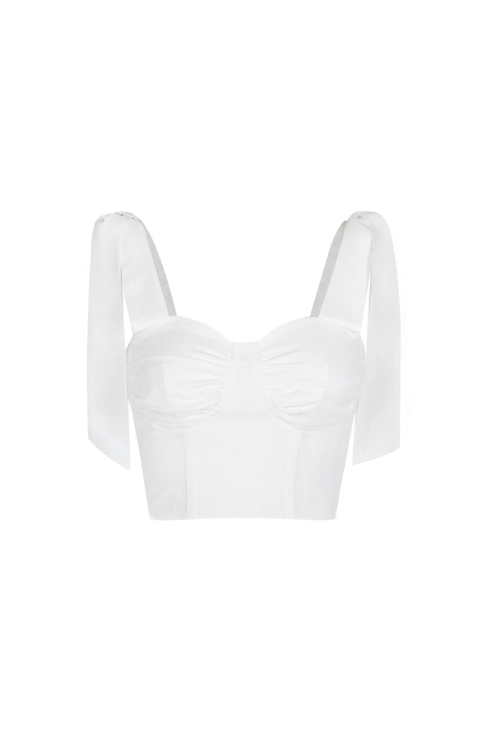 The.lookbook.select的蝴蝶結皺褶上衣是一件白色剪裁半身裙，罩杯有皺褶，寬肩帶綁上蝴蝶結。.