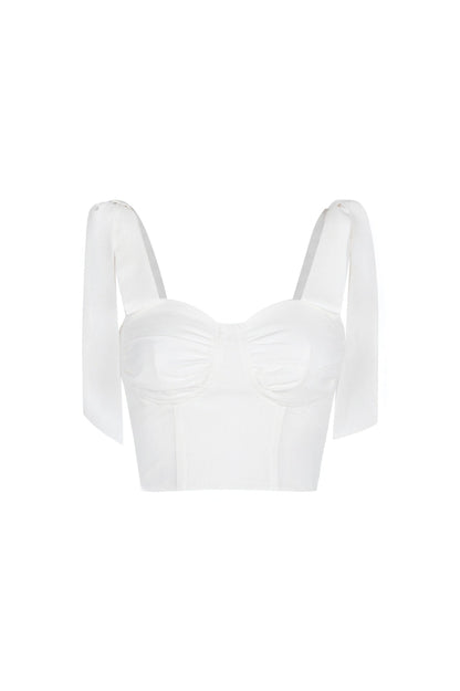 The.lookbook.select的蝴蝶結皺褶上衣是一件白色剪裁半身裙，罩杯有皺褶，寬肩帶綁上蝴蝶結。.