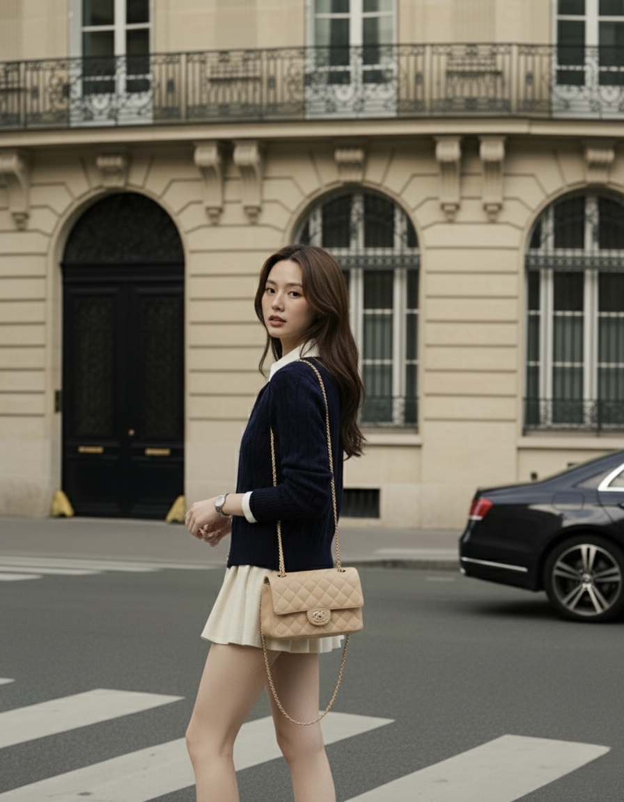 一位長髮女子，身穿深藍色lookbook.select Ruth針織開襟衫、白色短裙和米色皮包，站在城市街道上一棟有大窗戶的米色建築物前，展現低調的老錢風。.