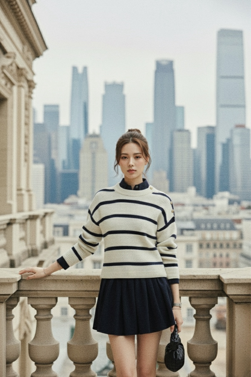 一位女士身穿 the.lookbook.select 的 June Knit Top，站在陽台上俯瞰城市天際線，背景是高樓大廈。.