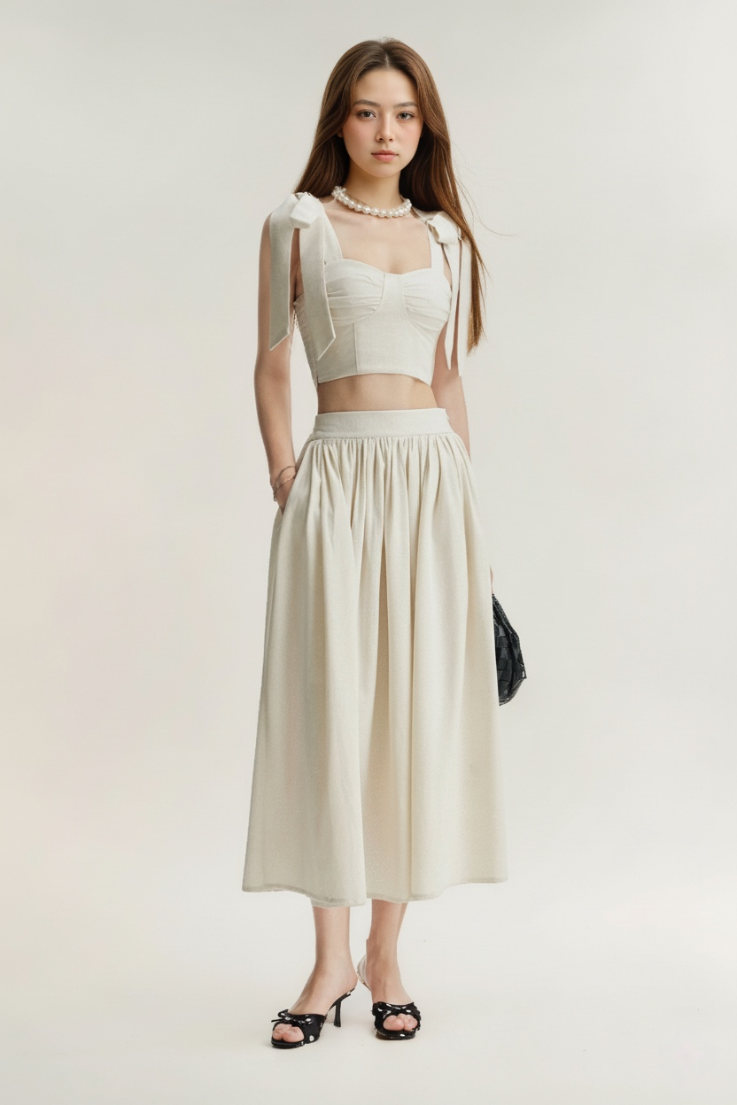 一位女士站在素色背景下，身穿 the.lookbook.select 的 Bow Ruffle Top、白色長裙、黑色高跟涼鞋、珍珠項鍊，手拿黑色包包。.