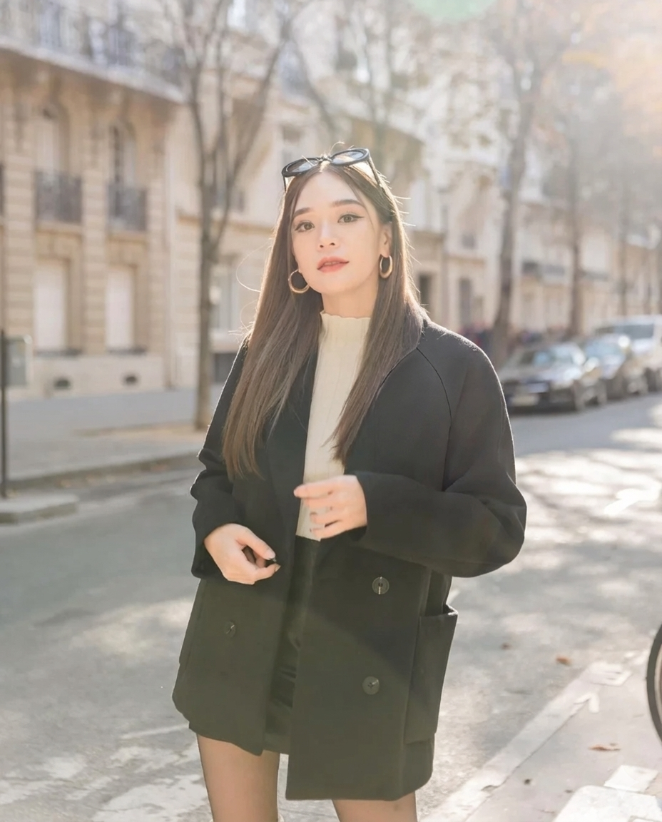 一位長直髮的女性，身穿 the.lookbook.select 的羊毛合身外套、裙子、緊身褲和環狀耳環，站在陽光普照的城市街道上，背景是建築物和停泊的車輛。.