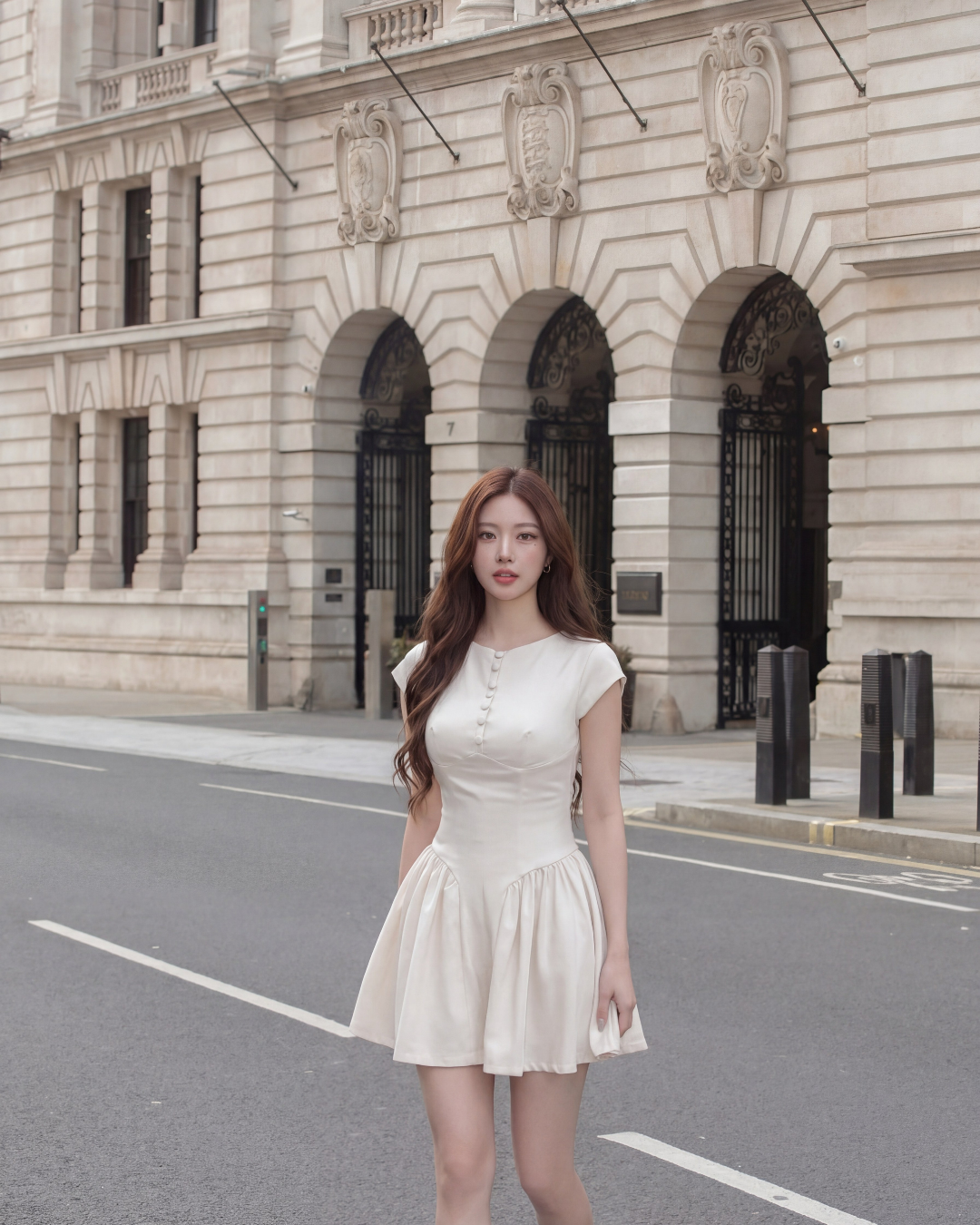 一位女士穿著 the.lookbook.select 的 Berkeley Pleat 連身衣，站在空無一人的城市街道上，面前是一棟有拱形門洞和裝飾細節的石造建築。.