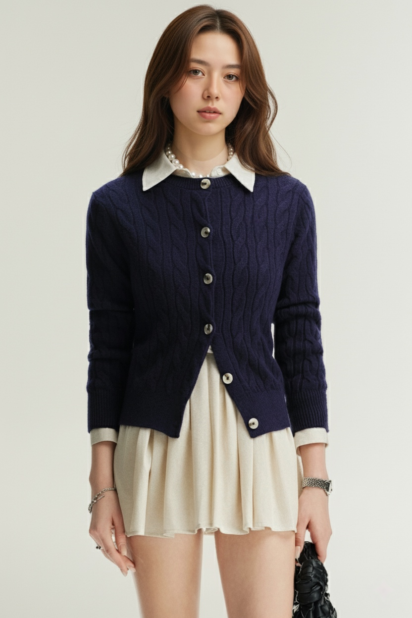 一位女士面朝前方，身穿乳白色 Moiselle Shirt Dress by the.lookbook.select，搭配海軍藍色纜索針織開襟衫，手持黑色手提包，背景為素雅的淺色背景。.