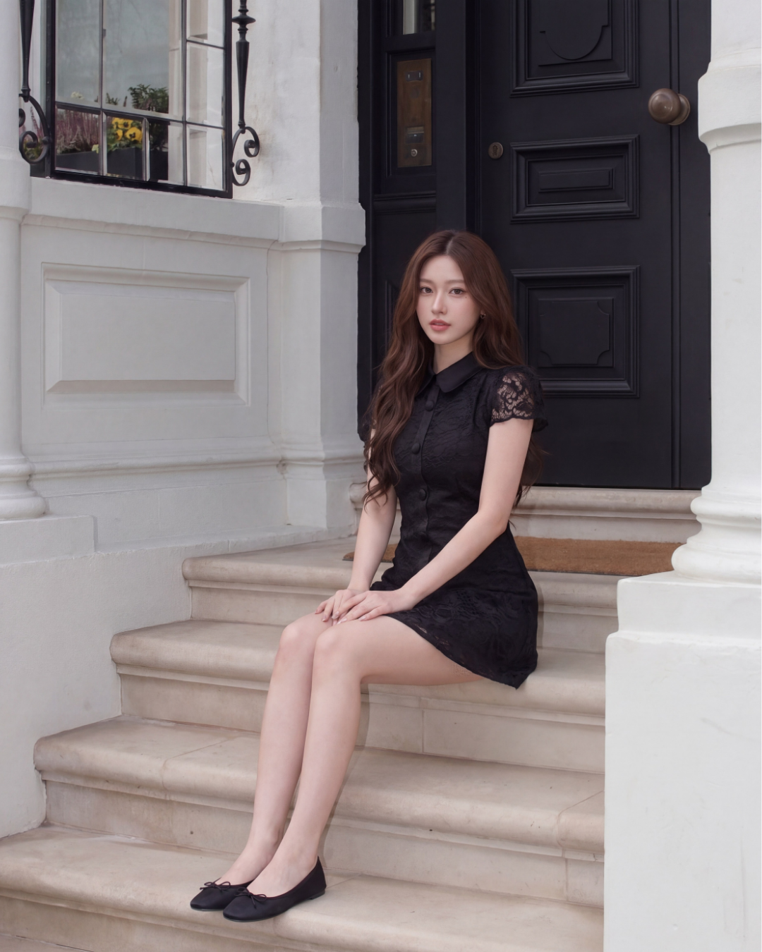 一位身穿 the.lookbook.select's Wellington Lace Dress 🌙新品優惠2件9折的女士坐在黑色大門和白色建築物前的石階上。.