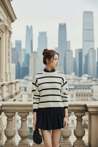 一位女士身穿 the.lookbook.select 的 June Knit Top 和深色短裙，站在陽台上俯瞰城市天際線，背景是高大的建築物。.