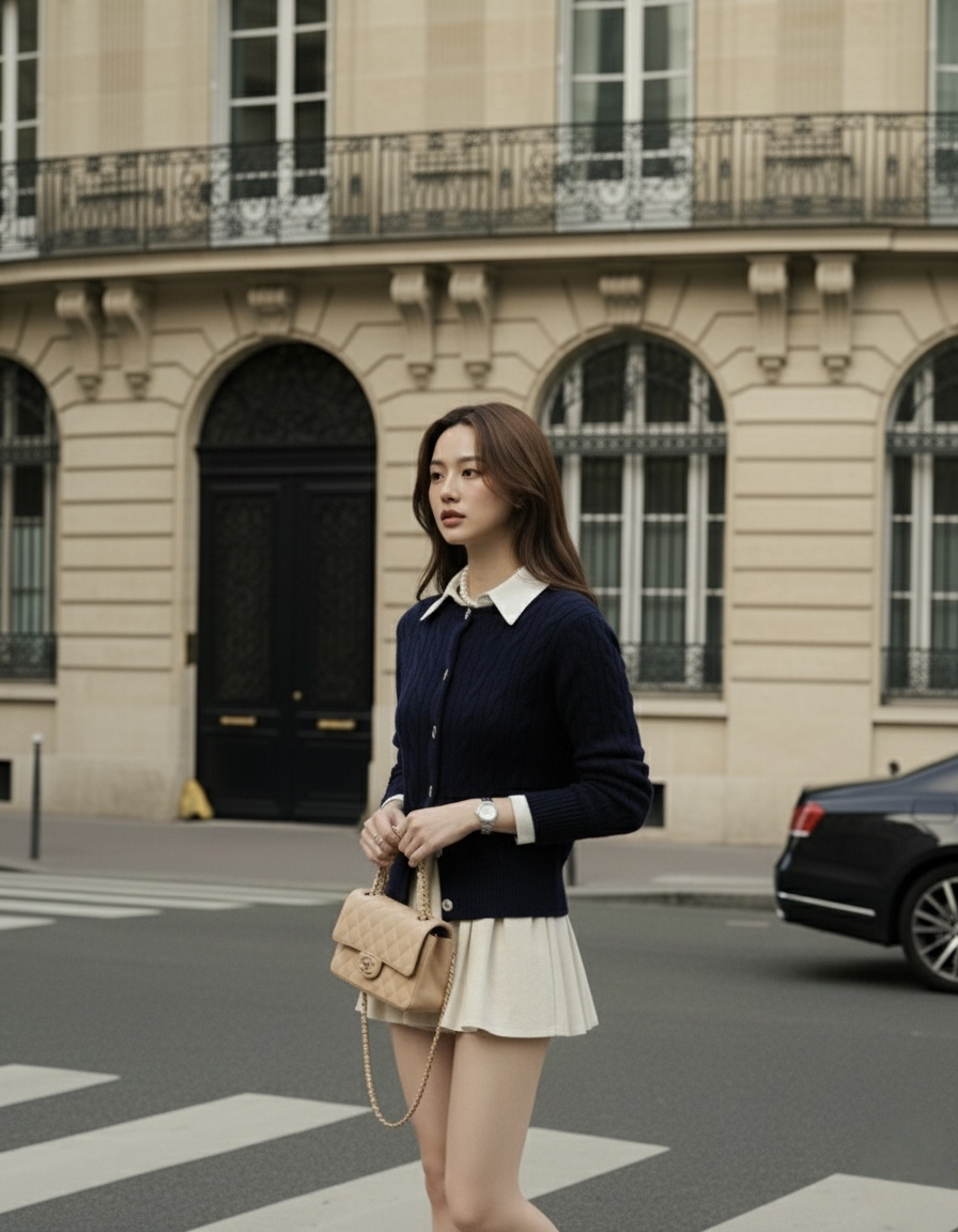 一位女士站在城市街道的十字路口，身穿 the.lookbook.select 的海軍藍色 Ruth 針織開襟衫，外搭一條淺色連身裙，手拎米色手提包。背景中經典的建築物和停在路旁的汽車反映出舊時的風格。.