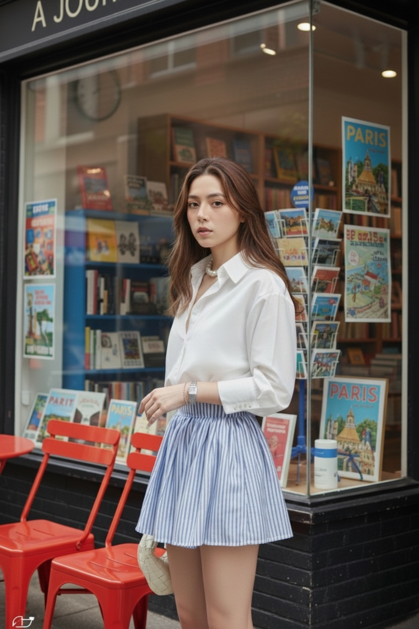 一位身穿 the.lookbook.select Lady Oversized Shirt 和藍色條紋短裙的女士站在一家書店前，店內有紅色椅子，櫥窗中則是巴黎主題的明信片。.
