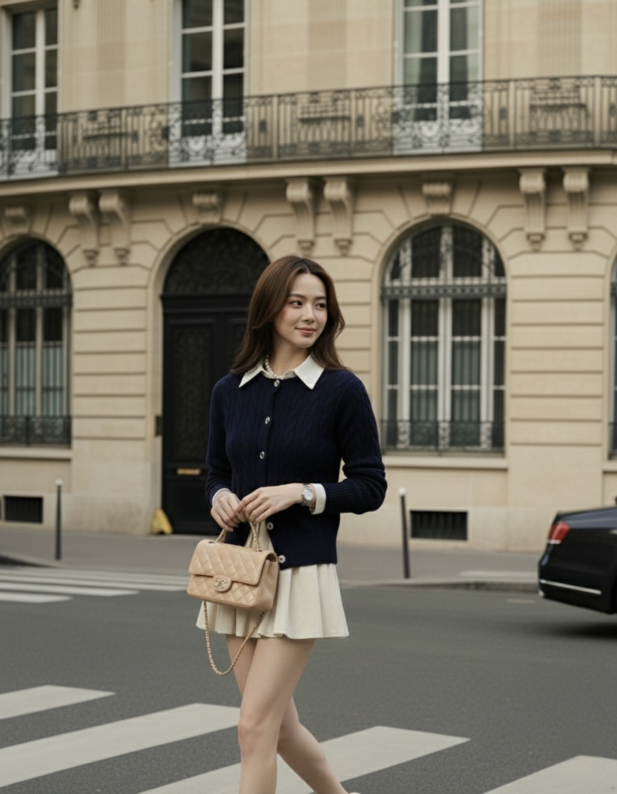 一位身穿 the.lookbook.select 的海軍藍色 Ruth Knit Cardigan 和米色短裙的女士走過人行道，經過一棟有大窗戶的米色建築物，她拎著一個米色手提包，是真正的老錢風，看起來面帶微笑。.