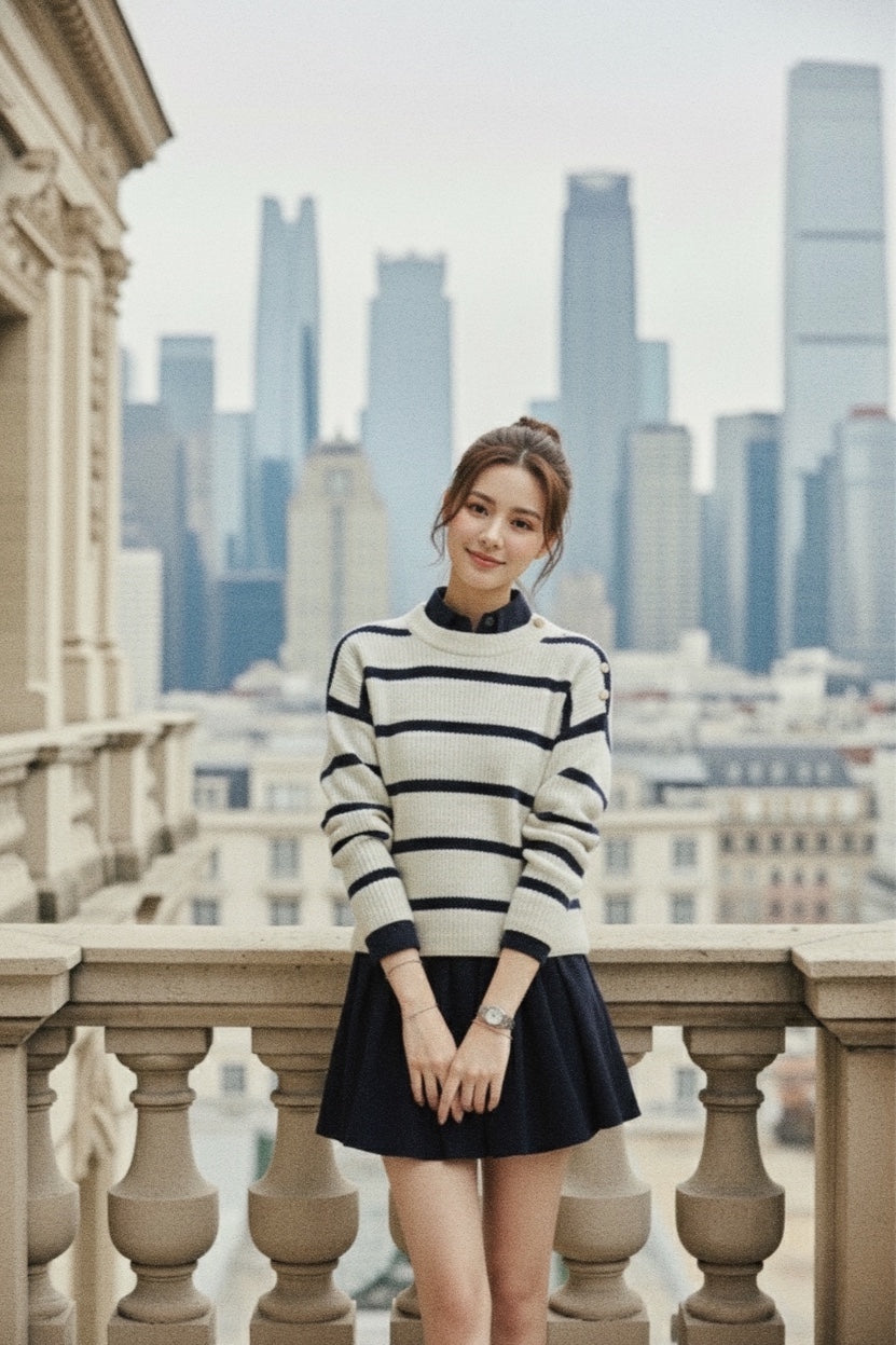 她穿著the.lookbook.select的June金鈕扣針織上衣和深藍色短裙，站在陽台上，對著城市的天際線，展現海軍風時尚氣息。.
