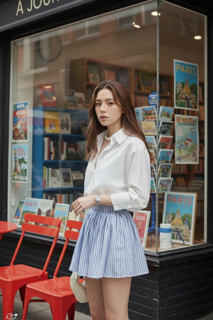 一位身穿 the.lookbook.select 的 Jesse 迷你裙和白色上衣的女士站在一家書店外面，店內有紅色椅子，櫥窗內展示著巴黎主題的明信片。.