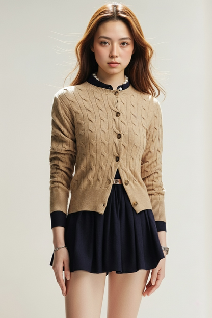 一位女士面對鏡頭，身穿 the.lookbook.select 的 Ruth 質感鈕扣針織開襟衫，外搭深色百褶裙和有領襯衫，背景為中性色調。.