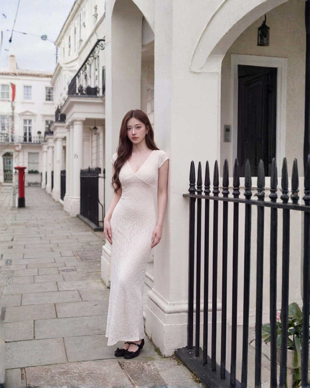 一位女士穿著the.lookbook.select的Juliette Lace Dress 🌙新品優惠2件9折，站在人行道上，旁邊是黑色鐵柵欄和帶拱形門洞的白色建築物。.