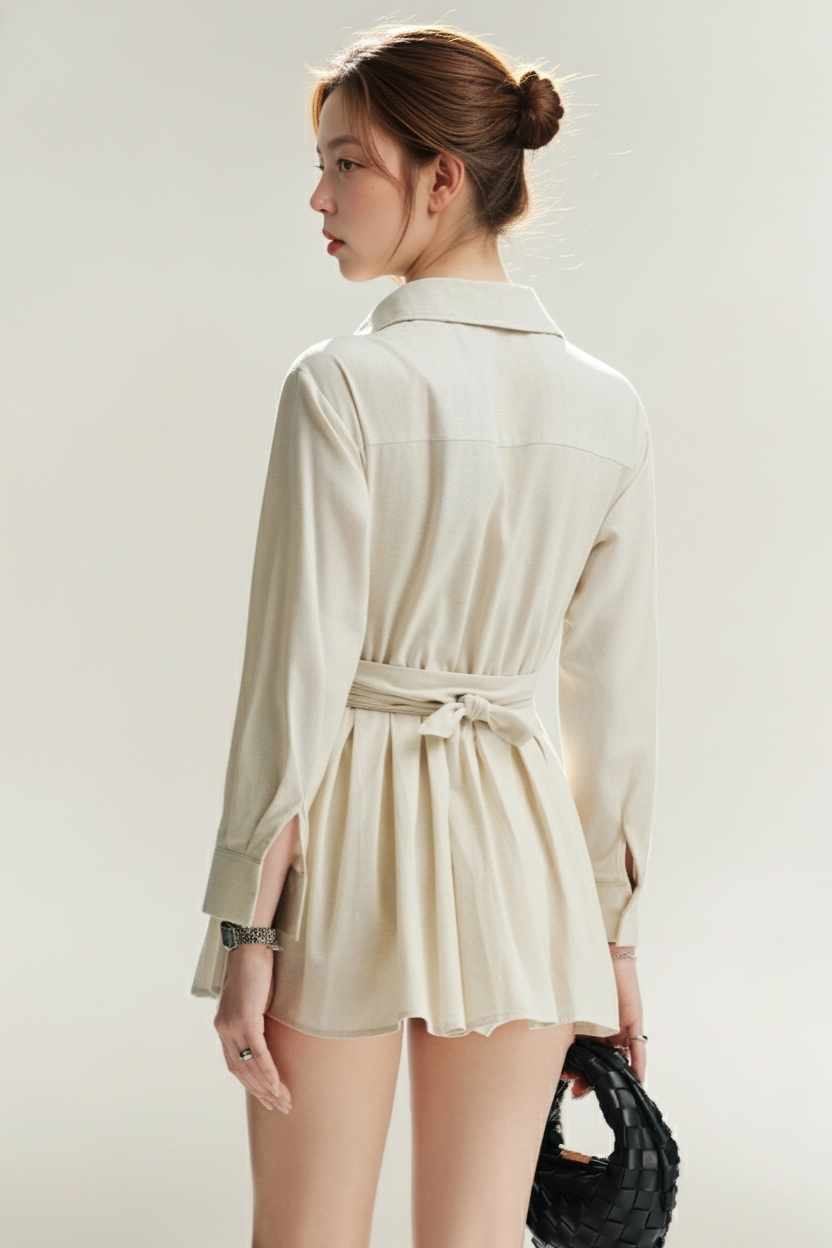 一位梳著髮髻的女士面對著遠方，她穿著 the.lookbook.select 的 Moiselle 襯衫連衣裙 - 一件輕盈的長袖束帶連衣裙，同時拿著一個黑色編織手提包。.