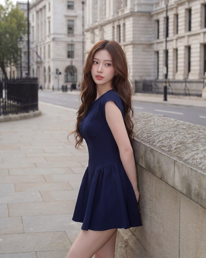 一位年輕的女士穿著 the.lookbook.select 的 Berkeley Pleat 連身衣，在城市街道的石牆旁擺姿勢，背景是歷史悠久的建築物。.