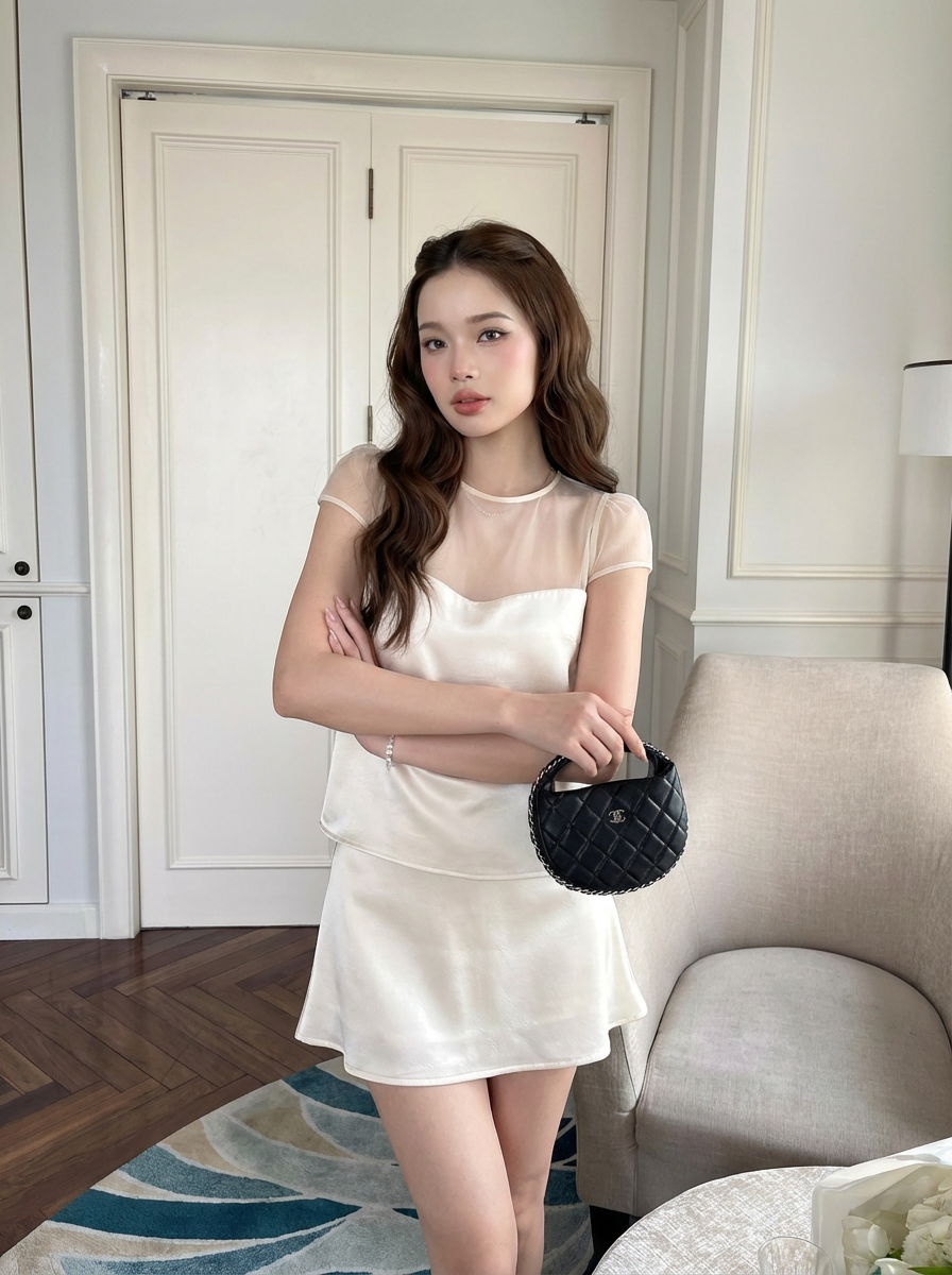 一位身穿.lookbook.select「緞面夢幻套裝」（上衣與裙子）的女性，手持一個小巧的黑色手提包，站在室內，在光線充足的現代風格房間裡，以一張米色椅子為背景擺出姿勢。.