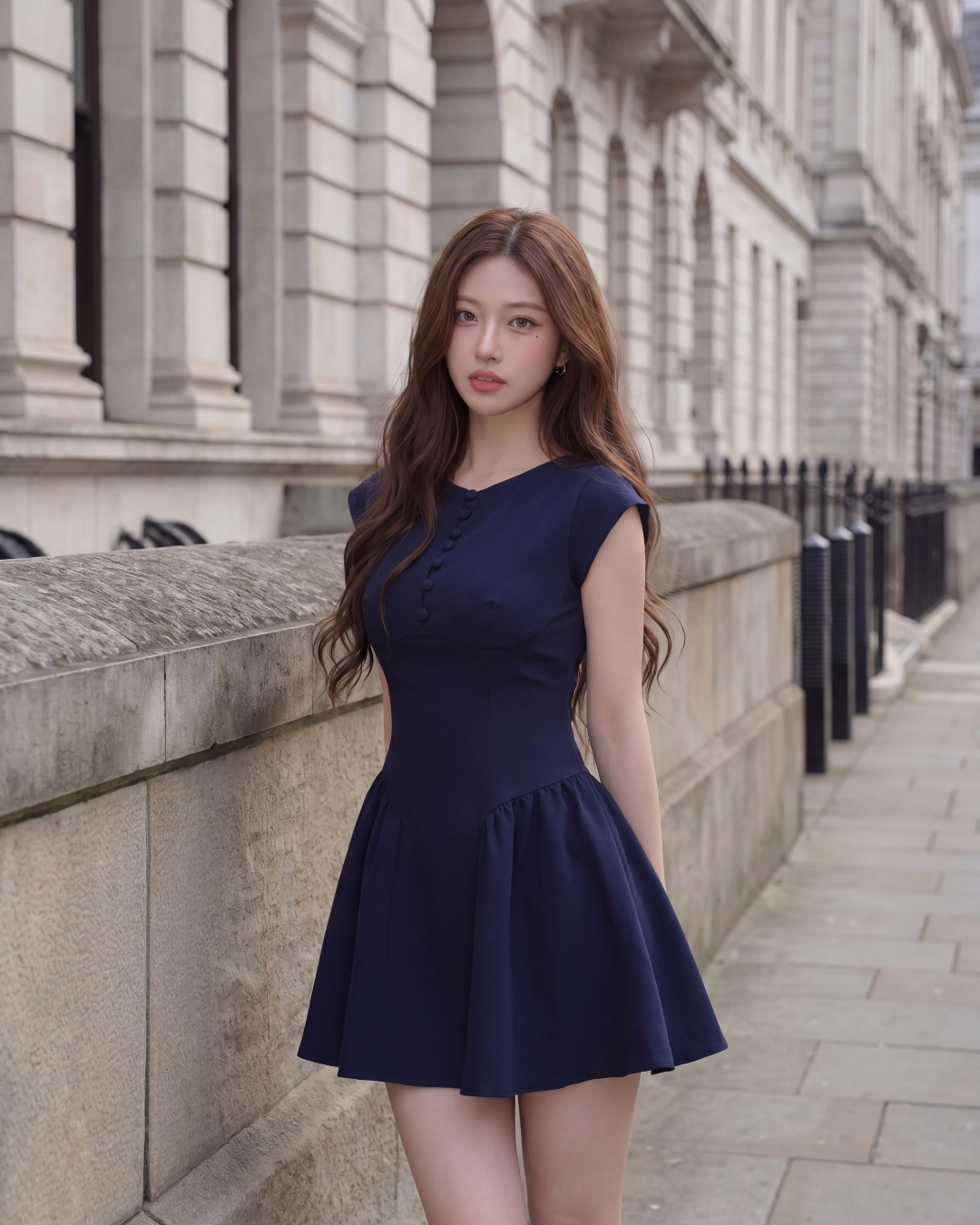 一位棕色長髮的女士穿著 the.lookbook.select 的 Berkeley Pleat 連身衣，站在石板鋪成的人行道上，旁邊是一棟有拱形窗戶的歷史建築。.