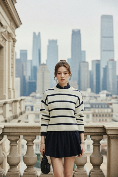 一位年輕女性穿著 the.lookbook.select 的 June Knit Top，搭配深色短裙，站在石陽台上俯瞰高樓林立的城市天際線。.