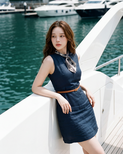 一名女子身穿 the.lookbook.select 的卡普里系帶迷你洋裝，配上一條圍巾，站在水邊的遊艇上，背景中可見數艘船隻。.