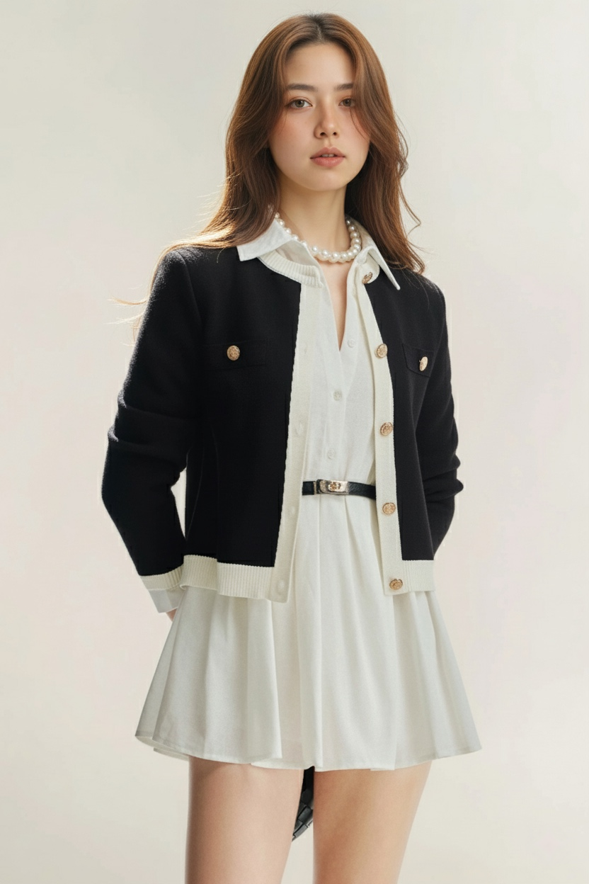 一位女士穿著 the.lookbook.select 的 Moiselle 襯衫連衣裙，搭配黑色開襟衫、珍珠項鍊和黑色腰帶，在素淨的淺色背景下，面朝前方。.