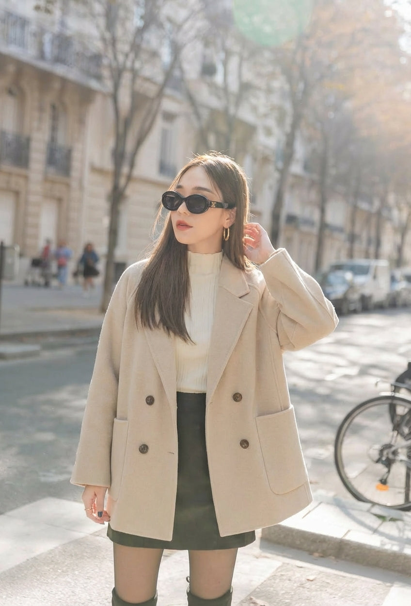 一位女士身穿 the.lookbook.select 的羊毛合身外套、白色高領襯衫、黑色短裙，戴著太陽眼鏡，站在城市的人行道上，身後是腳踏車和建築物。.