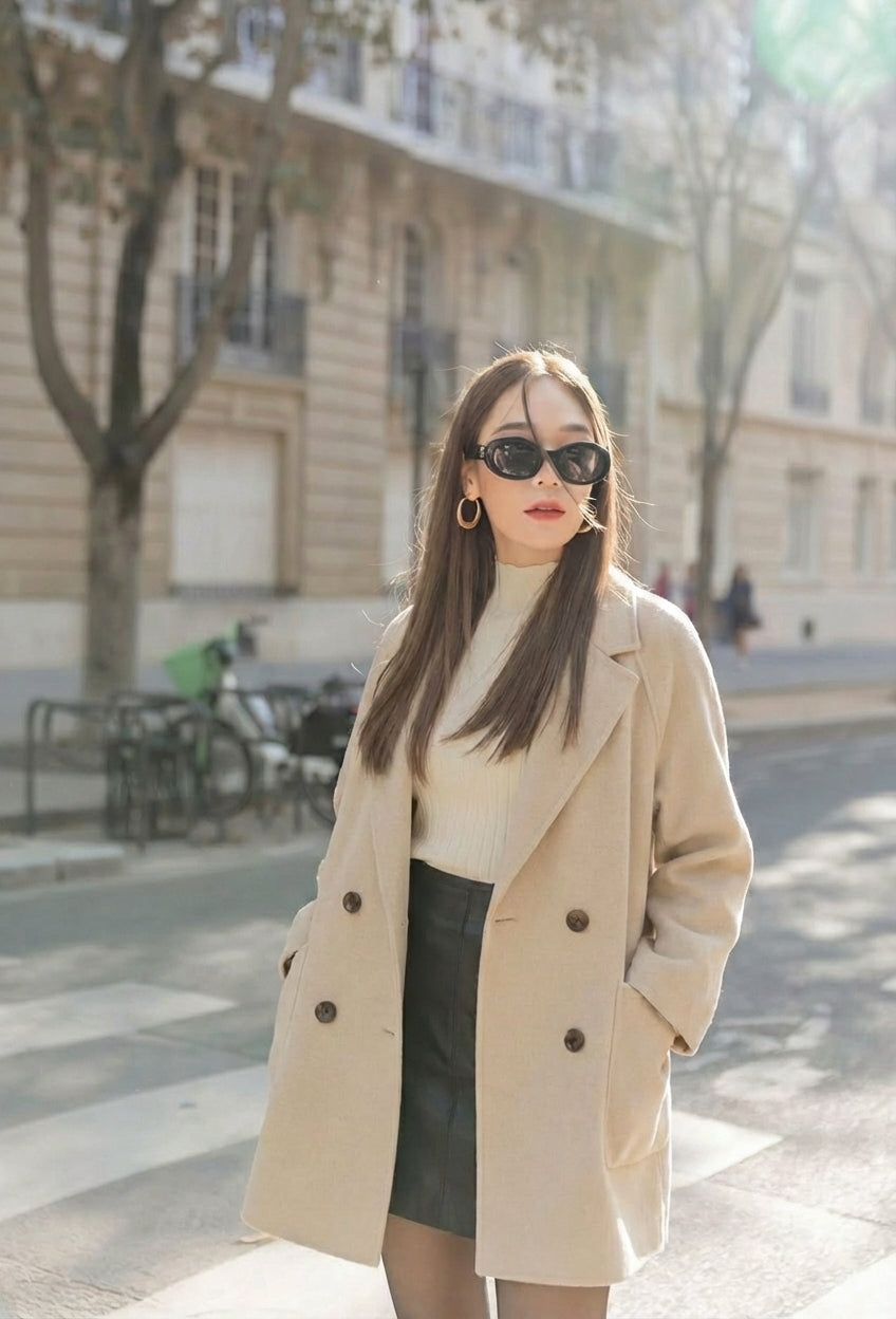 一位女士穿著 the.lookbook.select 的羊毛合身外套、戴著太陽眼鏡和環狀耳環，站在城市的人行道上，身後是建築物和樹木。.