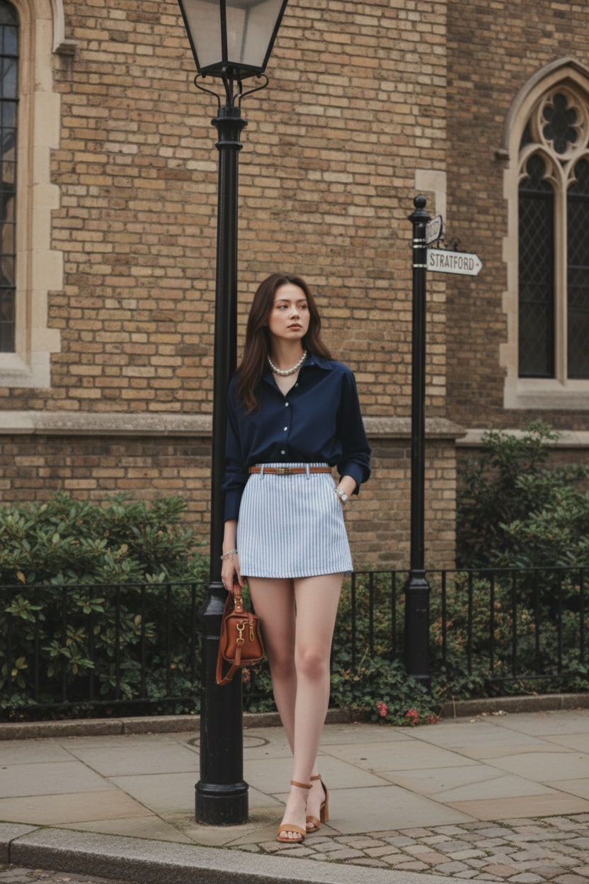 一位女士站在 Stratford 路牌附近的城市人行道上，穿著 the.lookbook.select 的 Lady Oversized Shirt，搭配條紋短裙、棕色手袋和高跟涼鞋，打造不費吹灰之力的老錢造型。.