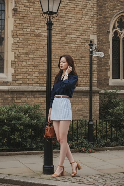 一位女士站在燈柱旁，身穿海軍藍色 Lady Oversized Shirt，來自 the.lookbook.select，搭配條紋裙、高跟涼鞋和棕色手提包。可以看見「Stratford」的街標，傳達出古老的氣息。.
